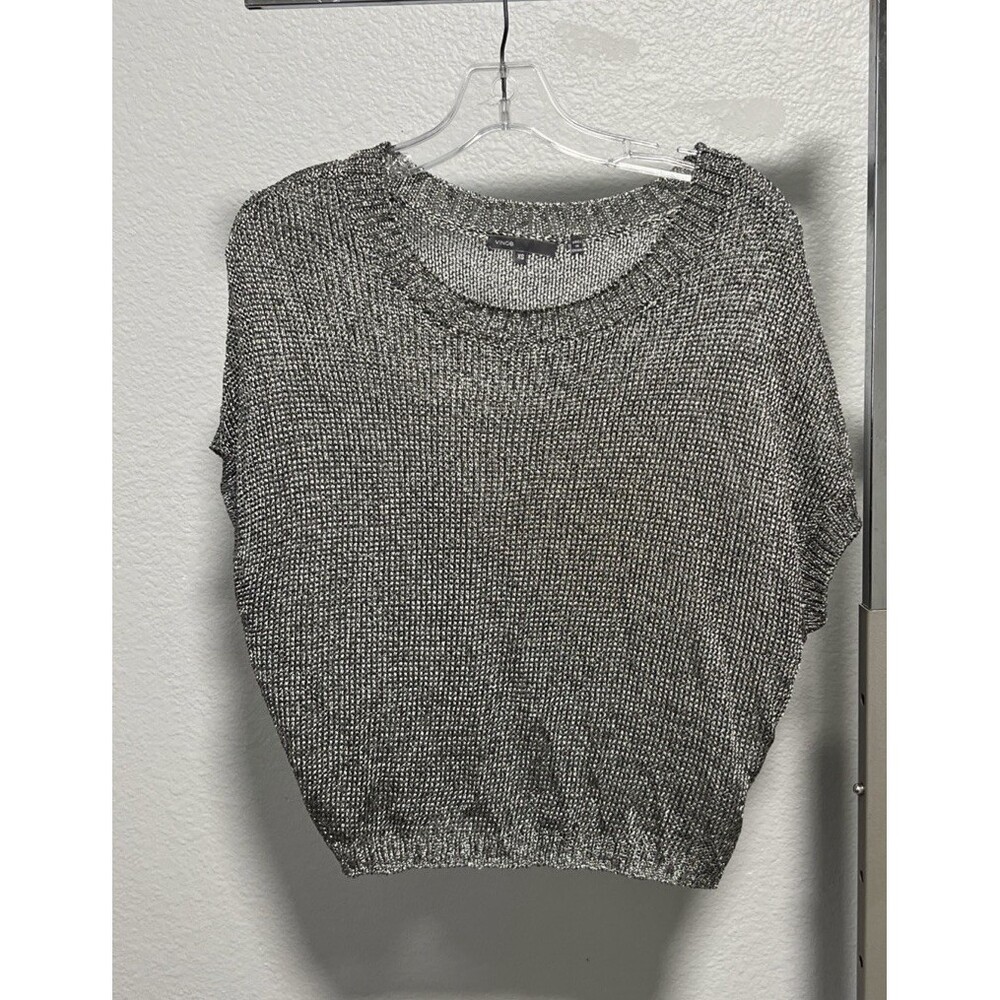 VINCE Womens XS Metallic Platinum Top Open Knit Short Dolman Sleeve Chain Mail